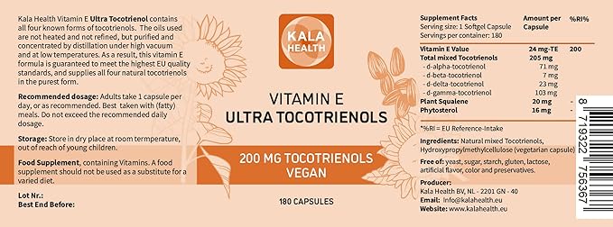 KALA HEALTH Ultra Tocotrienol 200mg Vitamin E Vegan – All 4 tocotrienols - Tocopherol Free - Supports Immune Health & Antioxidant Health Tocotrienols Supplement