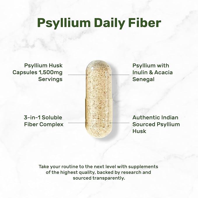 Psyllium Husk 1500mg Per Serving, 300 Capsules – 3 in 1 Fiber Supplement with Inulin & Acacia Complex – Natural Soluble Fiber, Supports Digestive Health – Plant Based, Non-GMO