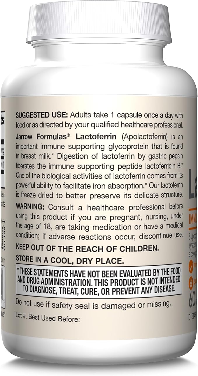 Jarrow Formulas Lactoferrin 250 mg - Immune-Supporting Glycoprotein - For Healthy Immune System Support & Iron Absorption - Freeze Dried - Gluten Free - Non-GMO - 60 Capsules (Servings)