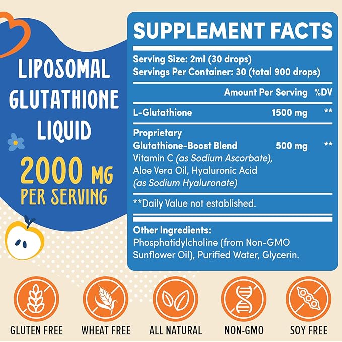 2000MG Liposomal Glutathione Liquid, 98% Absorption, Glutathione Liquid Supplement, Active Form L- Glutathione, Powerful Antioxidant Non-GMO for Immune System, Aging Defense, Detox, 4 FL.OZ
