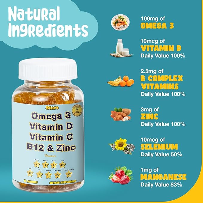 Adult Multivitamin Gummy with Omega 3, Chewable Multivitamin with Selenium, Vitamin A, B, C, D, Biotin, Multivitamin for Women, Multivitamin for Men, 60 Star Shaped Multivitamin Gummies