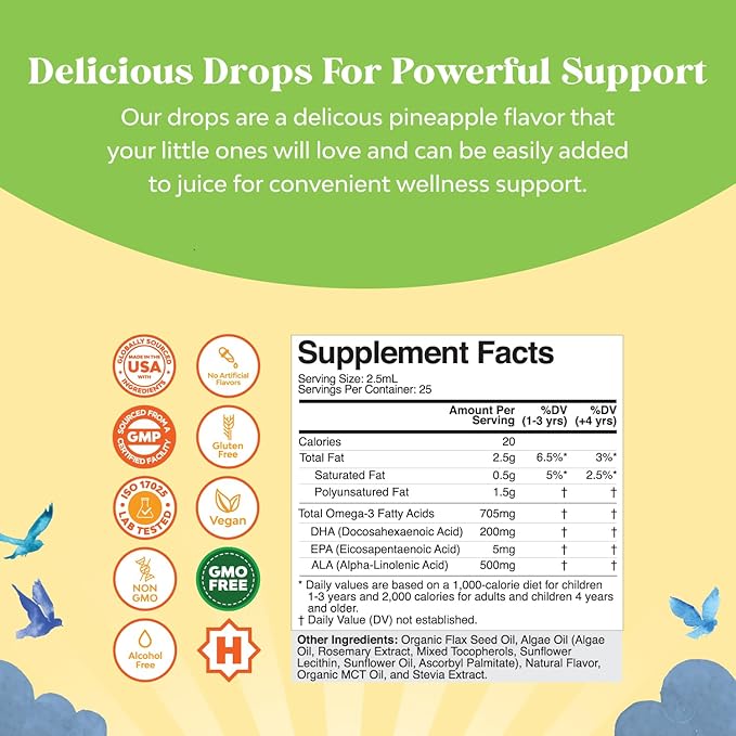 Liquid Omega 3 EPA DHA for Kids - Organic Vegan Omega 3 for Kids Brain Eye and Full Body Development with Vegan DHA EPA & ALA - Kids Omega 3 Liquid Supplement with Algae & Flaxseed Oil - 75 Servings