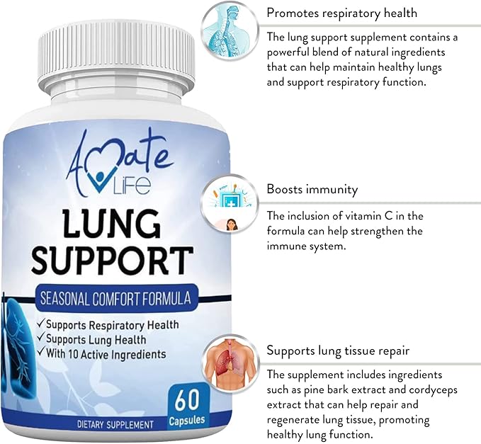 Amate Life Lung Support Dietary Supplements Herbal Breathing Support 10 Active Ingredients Original Formula for Lung Health Lung Cleanse Formula Supplement for Bronchial System 60 Capsules Non GMO