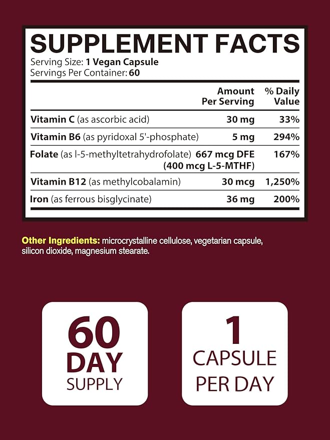 Iron Supplement for Women & Men, Iron Bisglycinate with Vitamin C, B6, B12, Folate, Stomach Friendly, Non-Constipating, Blood Health & Energy Boost, 60 Vegan Caps