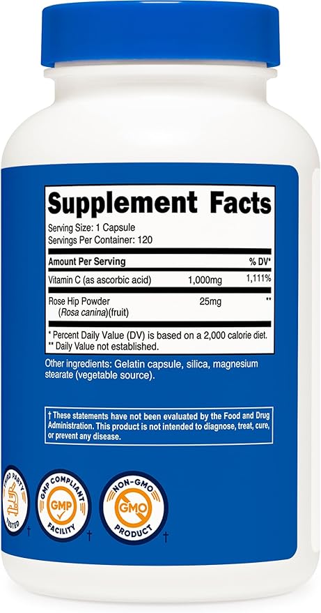 Nutricost Vitamin C with Rose HIPS 1025mg, 120 Capsules - Vitamin C 1000mg, Rose HIPS 25mg, Premium, Non-GMO, Gluten Free Supplement