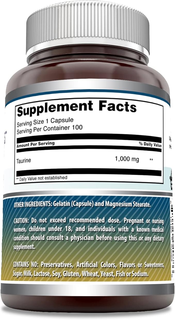 Amazing Formulas Taurine Amino Acid Supplement | 1000 Mg per Serving | 100 Capsules | Non-GMO | Gluten-Free | Made in USA