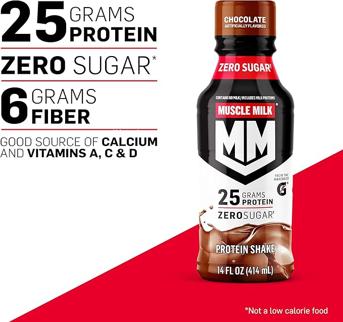 Muscle Milk Genuine Protein Shake, Chocolate, 14 Fl Oz Bottle, 12 Pack, 25g Protein, Zero Sugar, Calcium, Vitamins A, C & D, 6g Fiber, Energizing Snack, Workout Recovery, Packaging May Vary