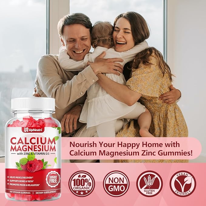 Calcium Magnesium Zinc with Vitamin D3 Gummies, Sugar Free Calcium Supplements for women men, High Absorption Zinc Gummies for Bone & Muscle & Immune Health, Vegan Raspberry Flavor - 120 Count