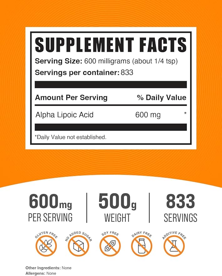 BulkSupplements.com Alpha Lipoic Acid Powder - ALA Supplement, Alpha Lipoic Acid 600mg - ALA Powder, Gluten Free - 600mg of Alpha-Lipoic Acid per Serving, 500g (1.1 lbs) (Pack of 1)