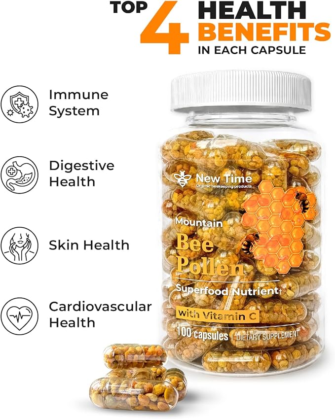 Bee Pollen Vegetarian Capsules with Vitamin C, Natural Organic Supplement, Fermented Pollen Granules, Multivitamin, Immune, Energy Support (100 caps)