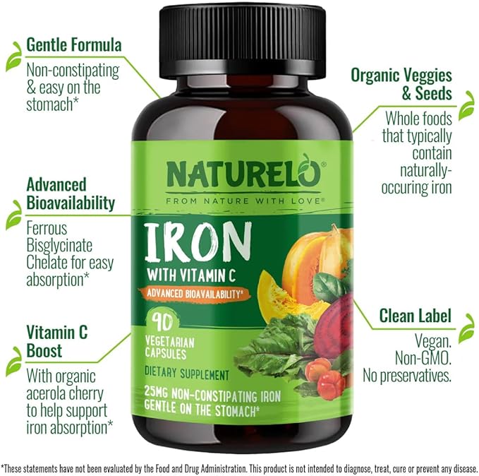 NATURELO Vegan Iron Supplement with Vitamin C and Organic Whole Foods - Gentle Pills for Women & Men w/Iron Deficiency Including Pregnancy, Anemia Diets 90 Mini Capsules