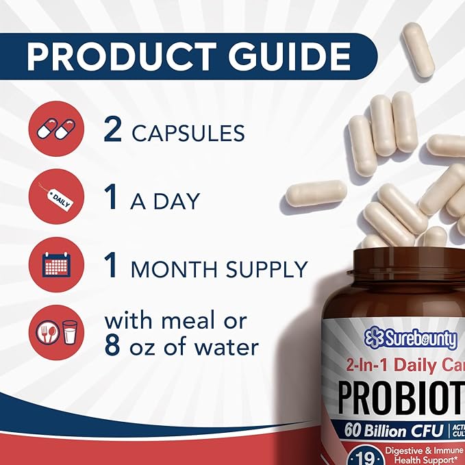 Probiotics 60 Billion CFU 19 Strains for Men & Women, with 100mg Prebiotic, Shelf Stable, 2-in-1 Daily Care Probiotic, Non-GMO, Digestive & Immune Health, 60 Veggie Capsules