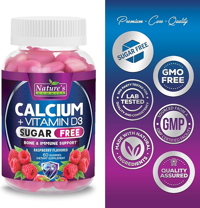 Sugar Free Calcium Gummy Bites Plus 400 IU Vitamin D3, Bone Health & Immune Support, Supports Bone Strength - Chewable Calcium Nutrition Supplement, Non-GMO, Berry Flavor Chews - 60 Gummies
