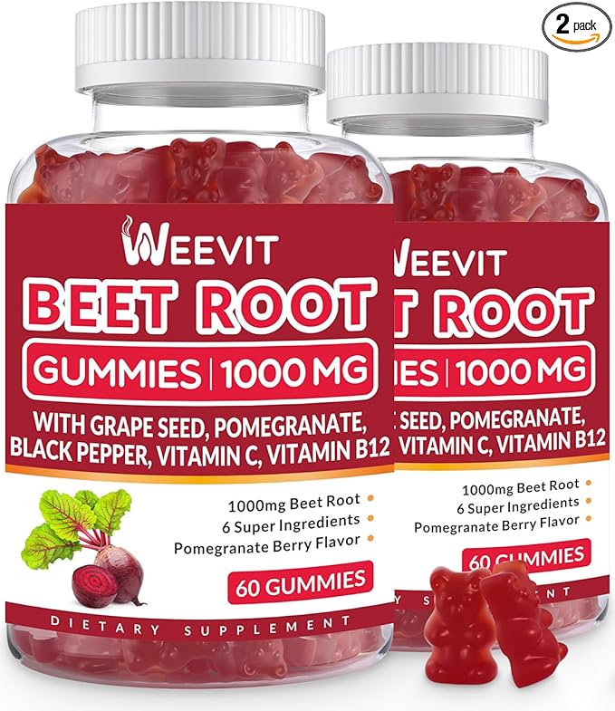 Beet Root Gummies 1000mg, Nitric Oxide Supplement for Men Women | Organic Beet Gummy with Grape Seed, Pomegranate, Black Pepper, Vitamin C, B12 (2-Pack)
