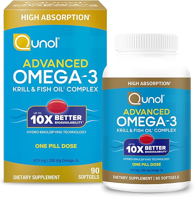 Qunol Advanced Omega 3 Krill and Fish Oil Complex, 10x Better Bioavailability, One Pill Dose, 250mg EPA & DHA, Supports Brain, Eye, Heart and Joint Health, 90 Count (Pack of 1)