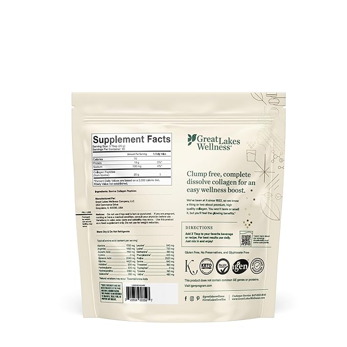 Great Lakes Wellness Collagen Peptides Powder for Skin, Hair, Nails, Joints & Digestion - Unflavored - Quick Dissolve Hydrolyzed, Non-GMO, Keto, Kosher - 4 lb. Value Pouch