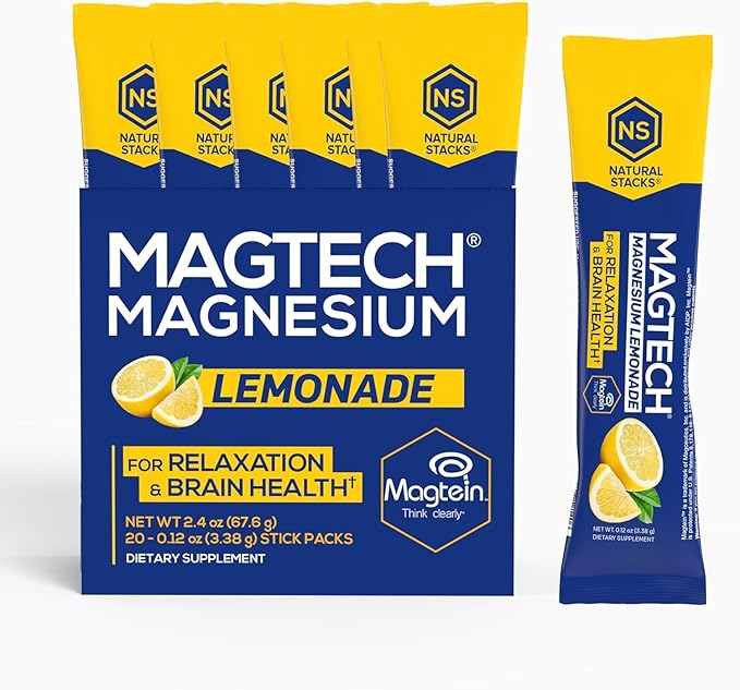 MagTech Magnesium Lemonade Drink Mix - Chelated Magnesium Complex - 3 Forms of Magnesium: Magtein Magnesium L-Threonate, Glycinate & Taurate - Supports Relaxation & Brain Health*, 20 Stick Packs