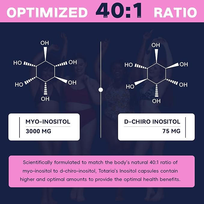 Inositol Supplement for Women with Vitamin D3, Folate, 40:1 Ratio Myo-Inositol 3000mg & D-Chiro Inositol 75mg Complex, (Vitamin B8) Inositol Capsules, 90 Capsules, 30 Servings