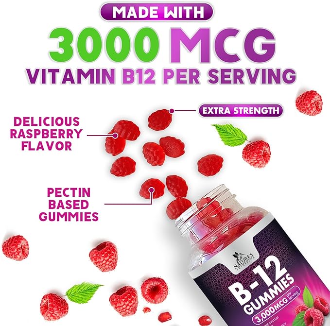 B12 Gummies, Extra Strength Energy 3000 mcg Vitamin B12, B-12 Energy Metabolism & Immune System Support, Chewable Supplement for Adults & Kids, Caffeine Free, Berry Flavored Gummy, Vegan - 60 Count