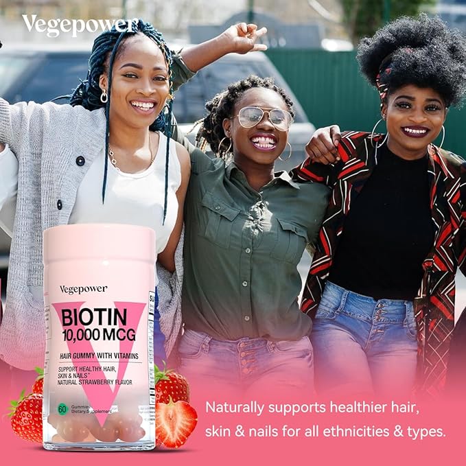 Biotin Gummies 10000mcg Supplements - with Vitamin C, A, D, B-Complex, Folate, Zinc for Women & Girls- Vegan Biotin Hair Growth Gummy for Healthy Hair and Nails, Non-GMO, Strawberry, 120 Bear