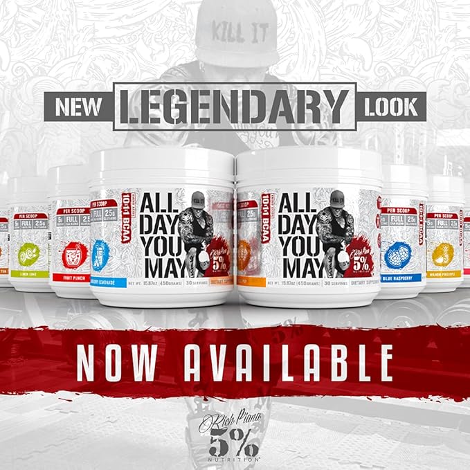 5% Nutrition Rich Piana AllDayYouMay BCAA Powder | Premium Intra & Post Workout Amino Acids, Hydration, Endurance, Muscle Recovery, Joint & Liver Support | 15.3 oz, 30 Servings (Fruit Punch)