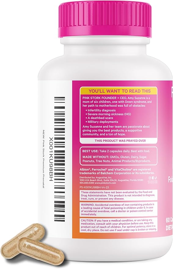 Pink Stork Premium Prenatal Vitamin for Women - Organic Whole-Food Ingredients, Multivitamin & Probiotics - Morning Sickness, Digestion, & Energy - Folate, B6, & Iron - 60 Capsules