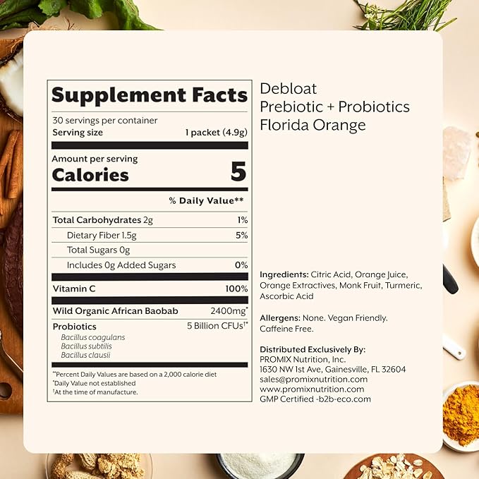 Promix Debloat Prebiotics and Probiotics with Baobab - Rich in Vitamin C, Bloating Relief, Immune Support - Orange - 30 Count