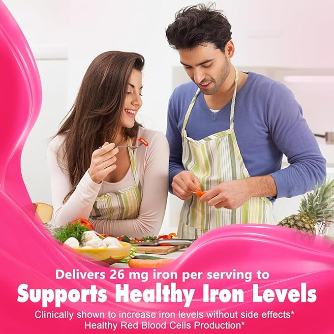 Iron Bisglycinate 26mg Filled Gummies- Gentle Beet Root Iron Gummy plus Vitamin C, Supplement Iron with B12 & Folate for Women & Men, Iron Deficiency, Immune & Energy Support, Sugar-Free, Vegan,120Cts