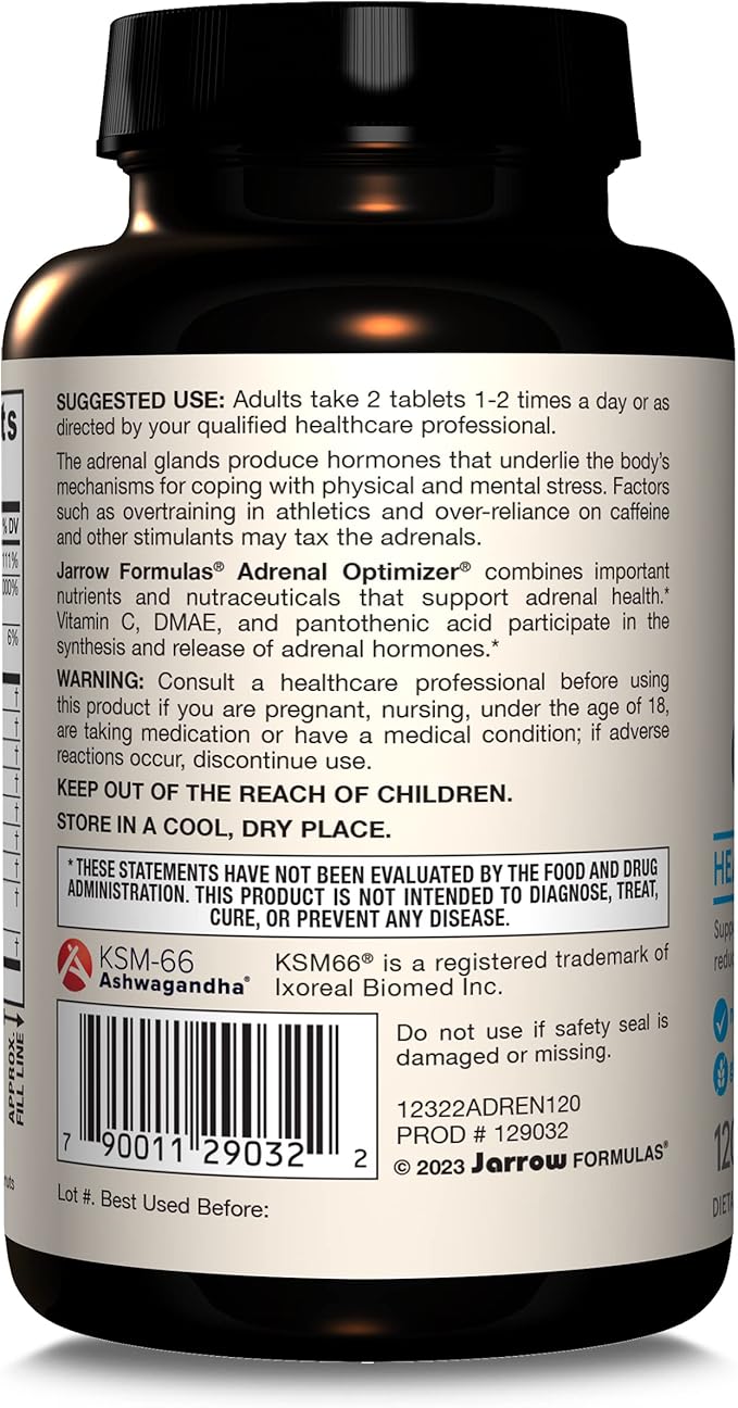 Jarrow Formulas® Adrenal Optimizer® with Ashwagandha, Chamomile and Schizandra Extract, Supports Reduction of Occasional Stress, 120 Vegan Tablets, 60 Day Supply
