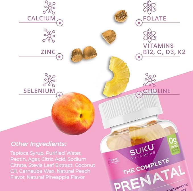 Complete Prenatal - Enriched with Calcium, Vitamin K2, Vitamin B12 and More Gummies - Easy to Chew - Non GMO, Gluten Sugar Free - Pineapple Peach Flavored Gummy Vitamins, 60 Count