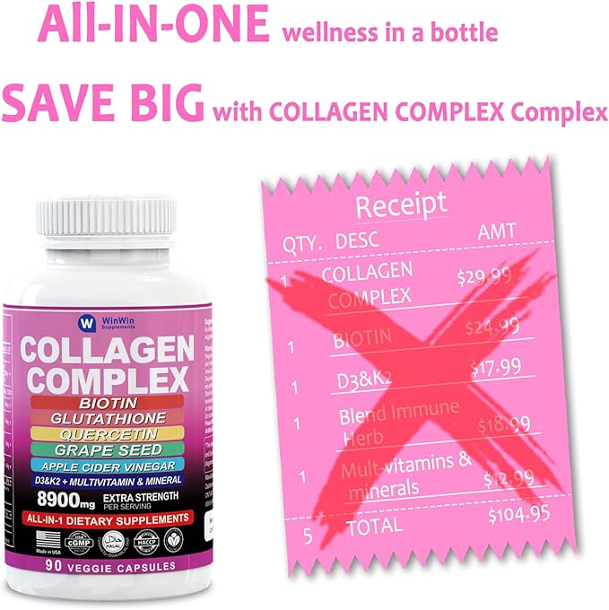 Collagen1000mg Type I, II, III, V, X Multi- Organic Quercetin Grape Seed, Apple Cider Vinegar Botanical Supplement with Biotin Glutathione Multi-Vitamins and Minerals Vitamin 29in1 Made in USA