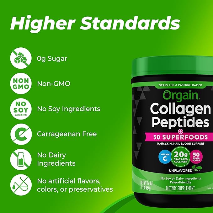 Orgain Hydrolyzed Collagen Powder + 50 Organic Superfoods For Women & Men, 20g Grass Fed Collagen with Vitamin C, Unflavored - Hair, Skin, Nail, & Joint Support Supplement, Non-GMO, Type I & III, 1lb