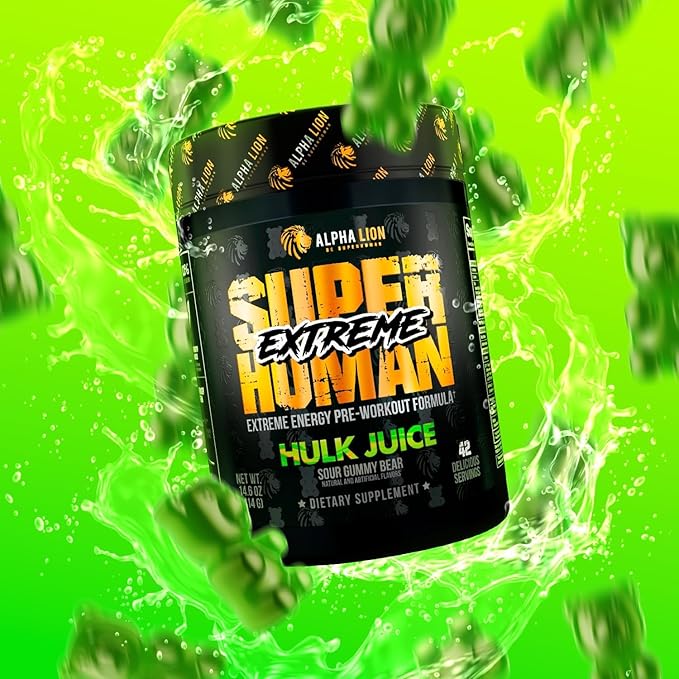 ALPHA LION Superhuman Extreme Pre Workout Powder, Beta Alanine, L-Taurine & Tri-Source Caffeine for Sustained Energy, Nitric Oxide & Citrulline for Pump (21 Servings, Sour Gummy Bear Flavor)