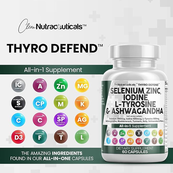 Clean Nutraceuticals Selenium 300mcg Zinc 50mg Iodine 500mcg L Tyrosine 500mg Ashwagandha - Thyroid Support Supplement for Women & Men w/Bladderwrack, Turmeric, Kelp, Schisandra - 60 Capsules