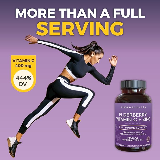 Viva Naturals Elderberry with Vitamin C and Zinc (120 Capsules) - 1000mg Sambucus Elderberry Immune Support Supplement, Black Elderberry Capsules for Adults, Elderberry Vitamins - 2 Months Supply