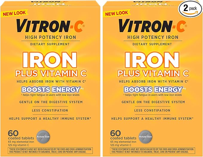 Vitron-C Iron Supplement, Once Daily, High Potency Iron Plus Vitamin C, Support Red Blood Cell Production, Dye Free Tablets, 60 Count, 2 Pack