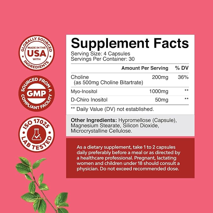 Myo-Inositol & D-Chiro Inositol Capsules - Choline Inositol Supplement for Cycle and Fertility Support - Womens Hormone Balance Supplement with Myo & D-Chiro Inositol Plus Choline Bitartrate