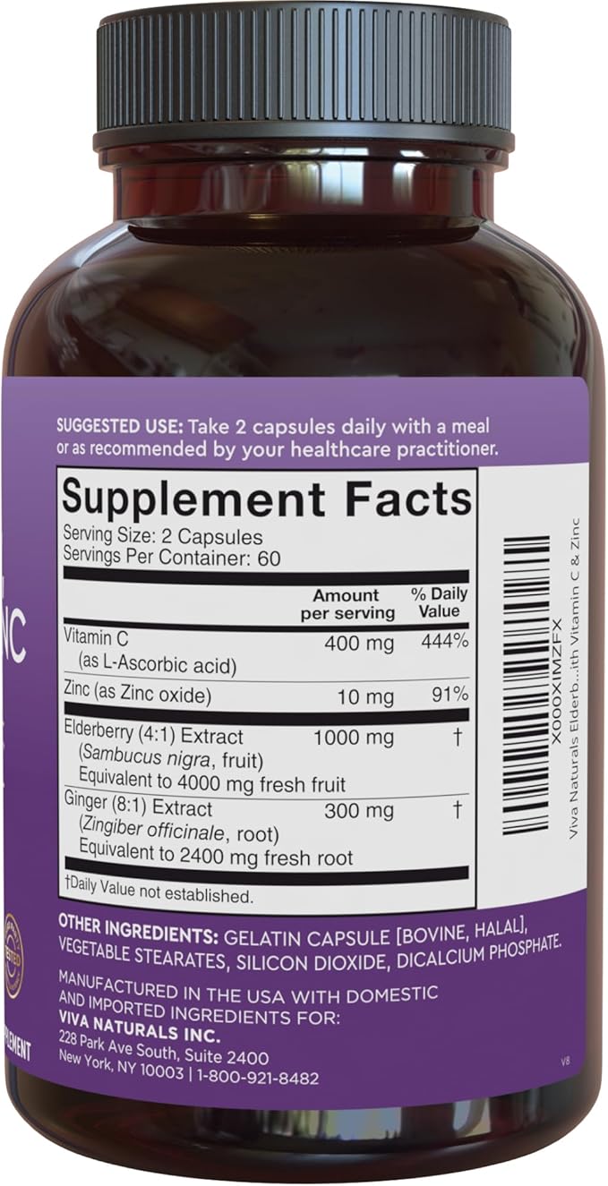 Viva Naturals Elderberry with Vitamin C and Zinc (120 Capsules) - 1000mg Sambucus Elderberry Immune Support Supplement, Black Elderberry Capsules for Adults, Elderberry Vitamins - 2 Months Supply