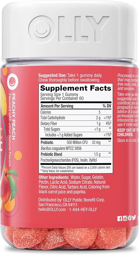 OLLY Probiotic + Prebiotic Gummy, Digestive Support and Gut Health, 500 Million CFUs, Fiber, Adult Chewable Supplement for Men and Women, Peach, 60 Day Supply - 60 Count