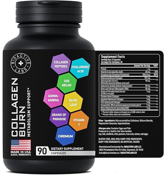 Thermogenic Multi Collagen Burn Capsules - Advanced Collagen Complex Type I, II, III, V, X Collagen for Cellulite Defense - Hydrolyzed Collagen Peptides Plus Hyaluronic Acid - 90 Collagenic Burn Caps