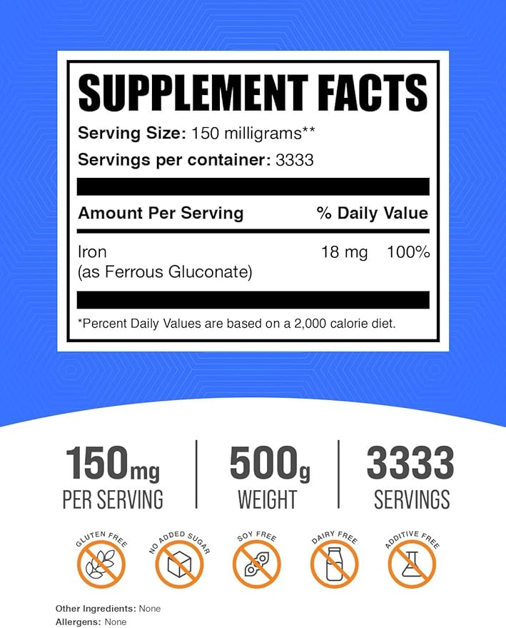 BulkSupplements.com Ferrous Gluconate Powder - Essential Mineral for Energy, Iron 18mg - Iron Supplements, Gluten Free, 150mg per Serving, 500g (1.1 lbs) (Pack of 1)
