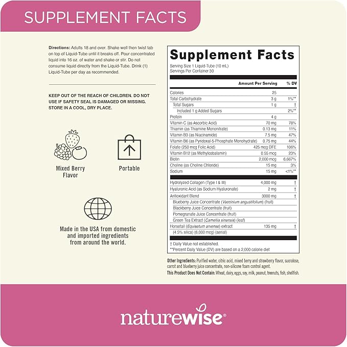 NatureWise Liquid Collagen for Women & Men 4000mg, Type 1 & 3 Peptides with Biotin for Hair, Skin and Nails + Vitamin C + Vitamin B Complex - Low Sugar - Mixed Berry - 30 Tubes