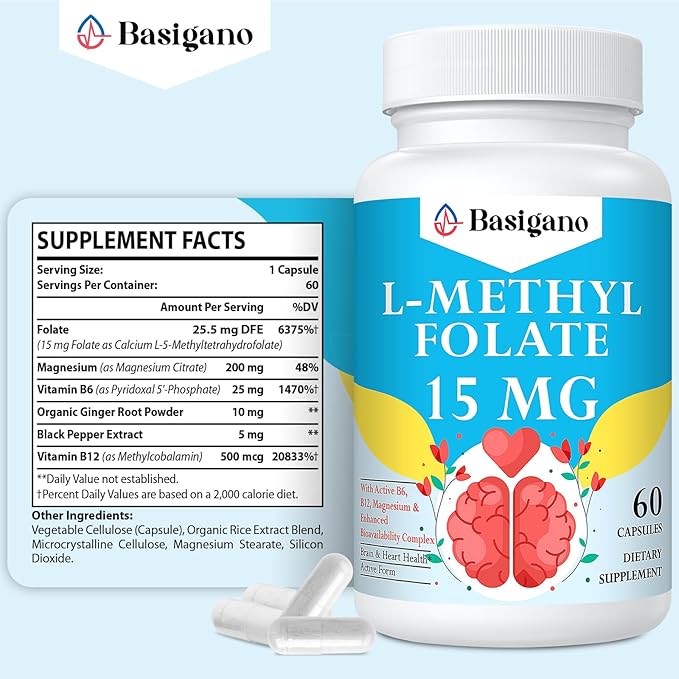 15mg L Methylfolate (5-MTHF)- Active Folic Acid-Enriched with Vitamins B6 and B12-60 Vegetarian Capsules - Non-GMO, Gluten-Free