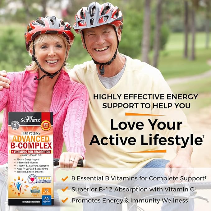Vitamin B Complex with Vitamin C for Maximum Absorption - Methylcobalamin b12 & Folate Folic Acid Supplement - Vitamins B1 B2 B3 B5 B6 B7 B9 for Immune Energy & Nervous System Support - Non-GMO -60ct