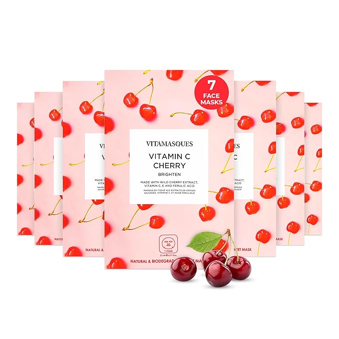 Vitamasques Vitamin C Cherry Face Sheet Mask 7 Pack - Brightens, Protects & Boosts Hydration with Antioxidants, Vitamin C and Ferulic Acid - Natural - Vegan, Free from Parabens & Gluten