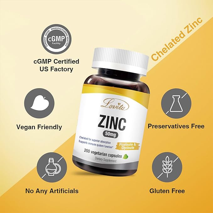 Lovita Zinc 50mg | Potent Highly-Absorbed Chelated Zinc Supplements, Picolinate & Bisglycinate | Vegan, Gluten Free, non-GMO | For Immune, Antioxidant Support & Healthy Skin | 200 Capsules (Pack of 3)