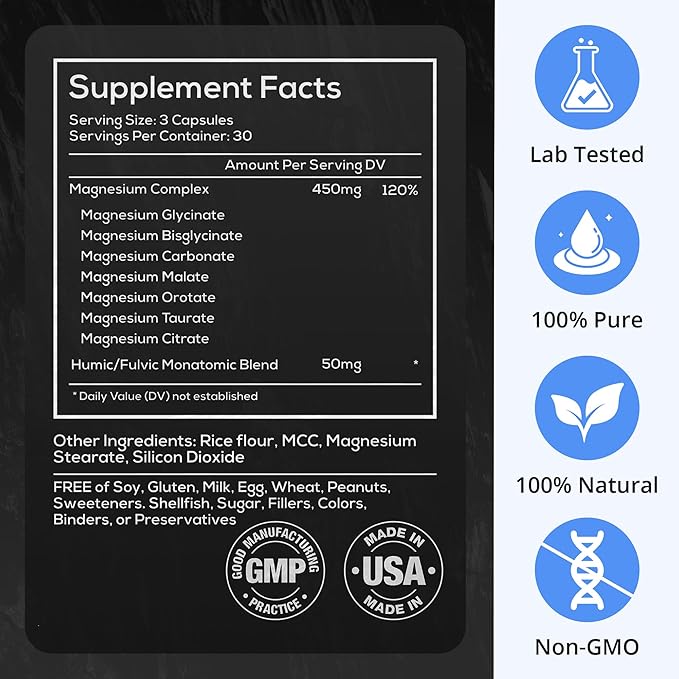 Wild Foods Magnesium Complex Supplement - 7X Forms, 90 Capsules - High Absorption Magnesium Glycinate, Bisglycinate, Malate, Orotate, Citrate - Full Spectrum Magnesium Supplement - 500mg Magnesium