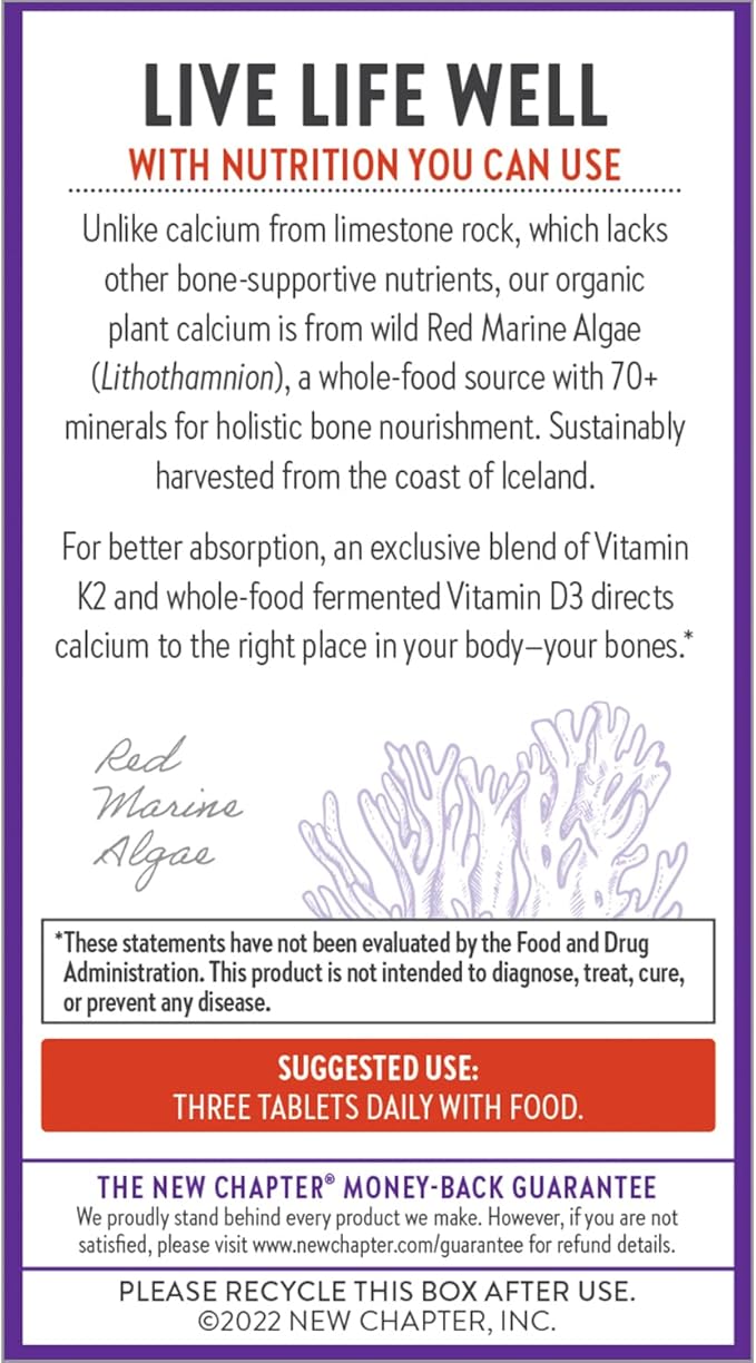 New Chapter Calcium Supplement - Bone Strength Organic Calcium with Magnesium, Vitamin D3+K2, 70+ Trace Minerals for Bone Health, Gluten Free, Easy to Swallow Slim Calcium Tablets - 120 Count