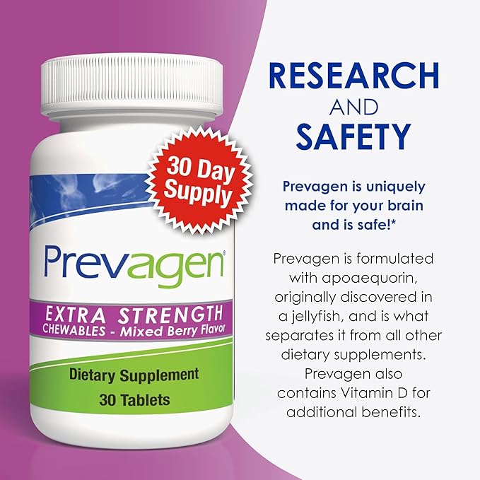 Prevagen Extra Strength 20mg, 30 Chewables|Mixed Berry-3 Pack|with Apoaequorin & Vitamin D with Attractive and Stackable Prevagen Storage Box