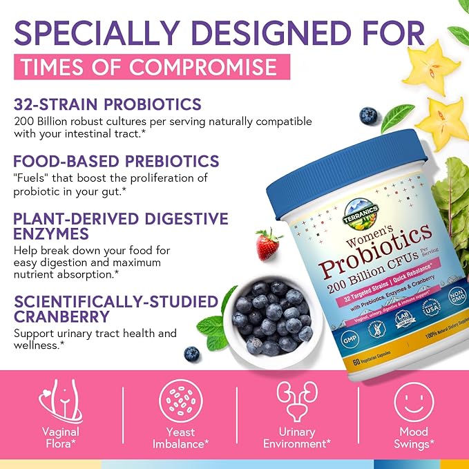Terranics Daily Probiotics for Women, 200 Billion 32 Strains Womens Probiotics, with Cranberry, Prebiotics & Enzymes, Rebalance Vaginal Flora & pH, Delayed Release, Shelf Stable, 60 Vegan Caps